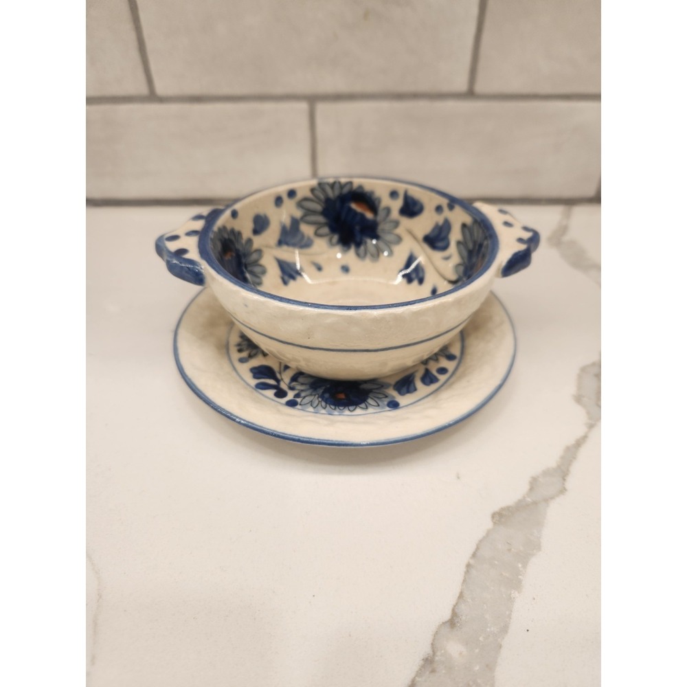 Vintage Blue Flower Hand Painted In Japan Soup Cereal Rice Bowl And Under Plate - Picture 14 of 14